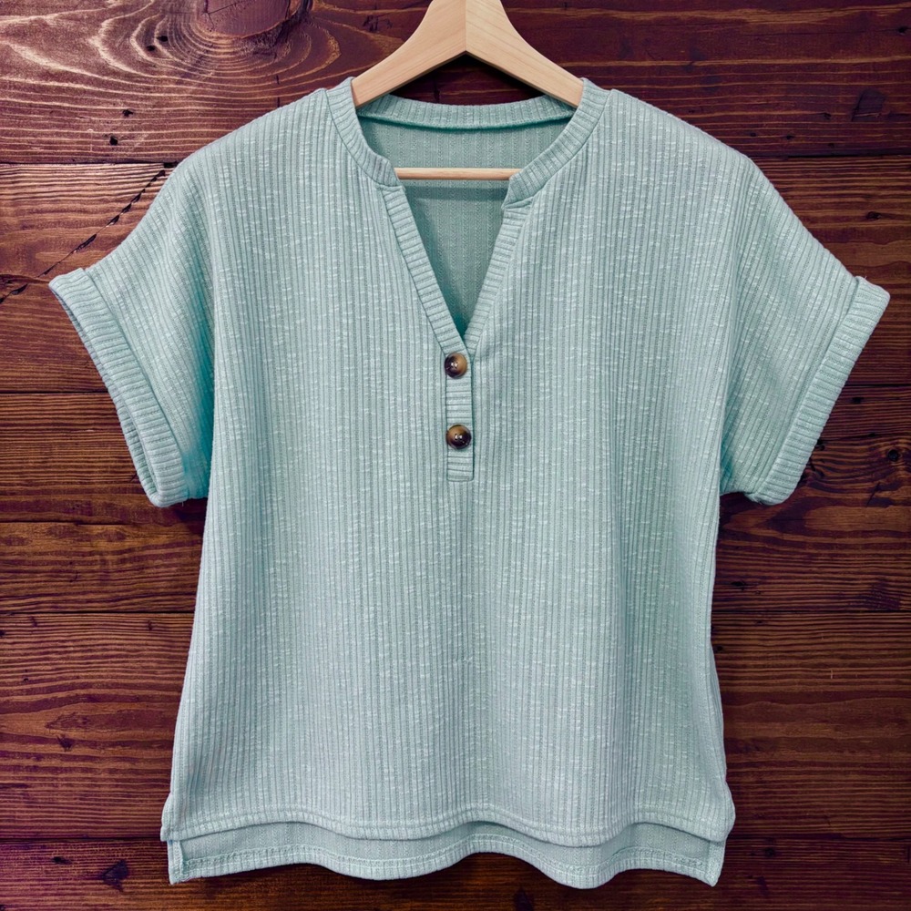 Short Sleeve Henley Top Womens XL Teal Ribbed Knit V-Neck Minimalist Casual Chic